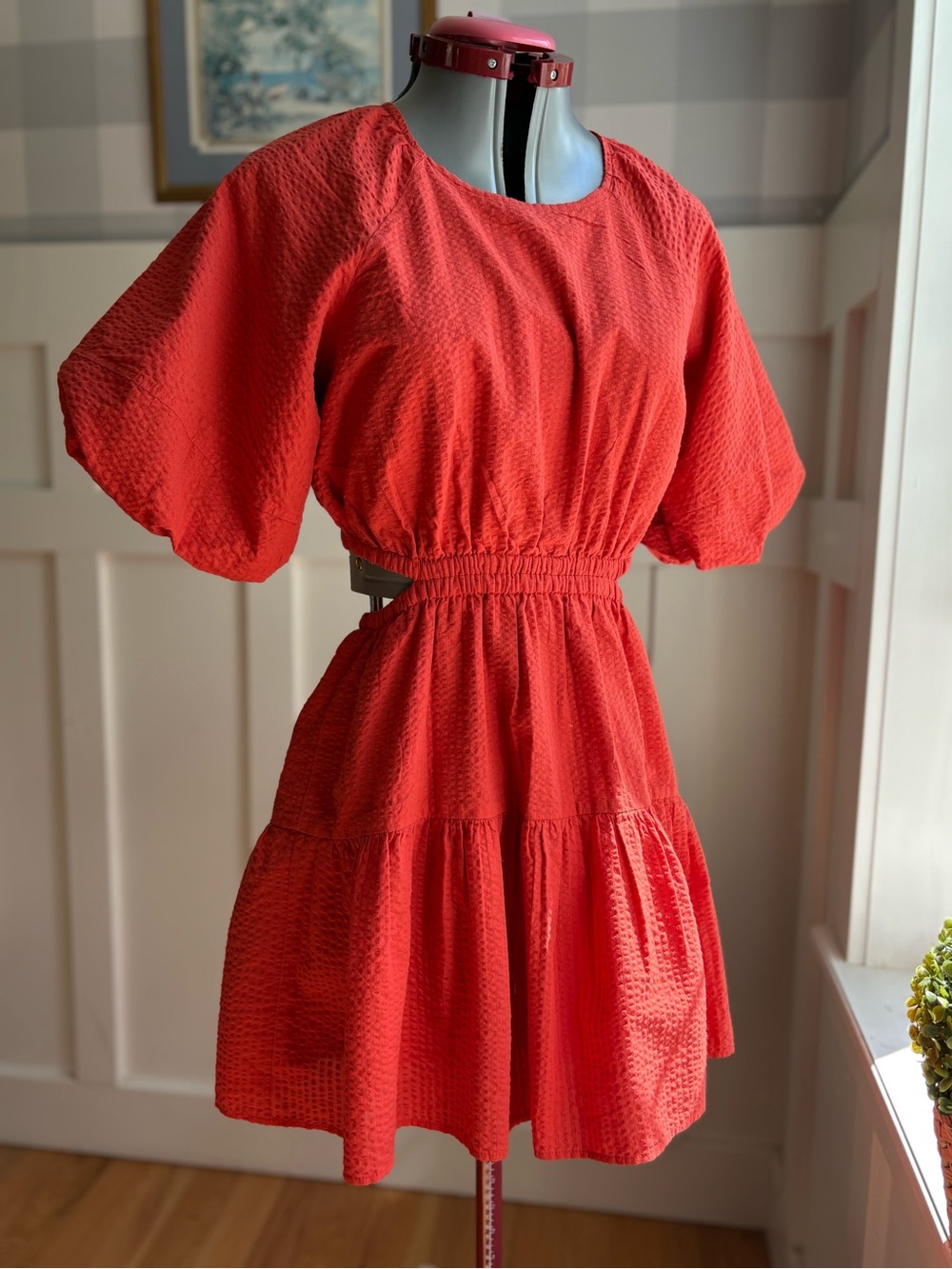 Madewell Bright Coral Puff-Sleeve Mini Dress Small P